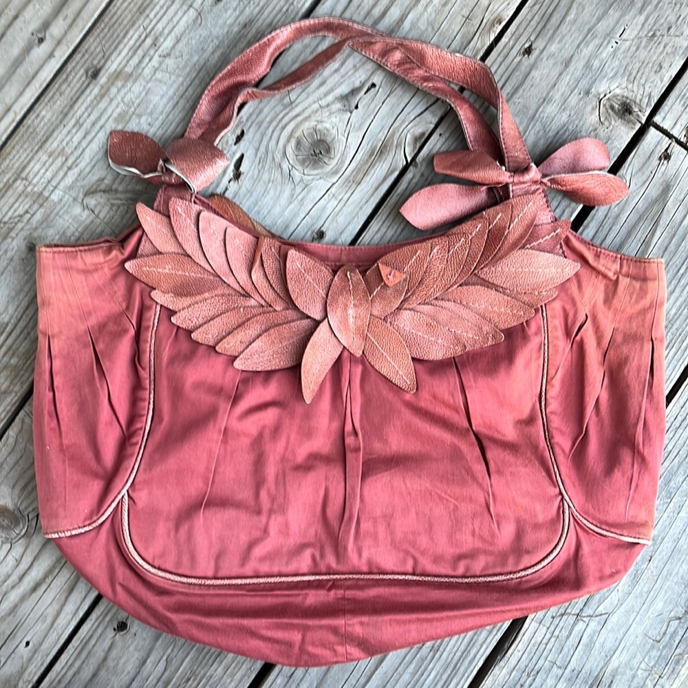 Anthropologie Lucky Penny handbag rust red canvas & faux leather leaves boho